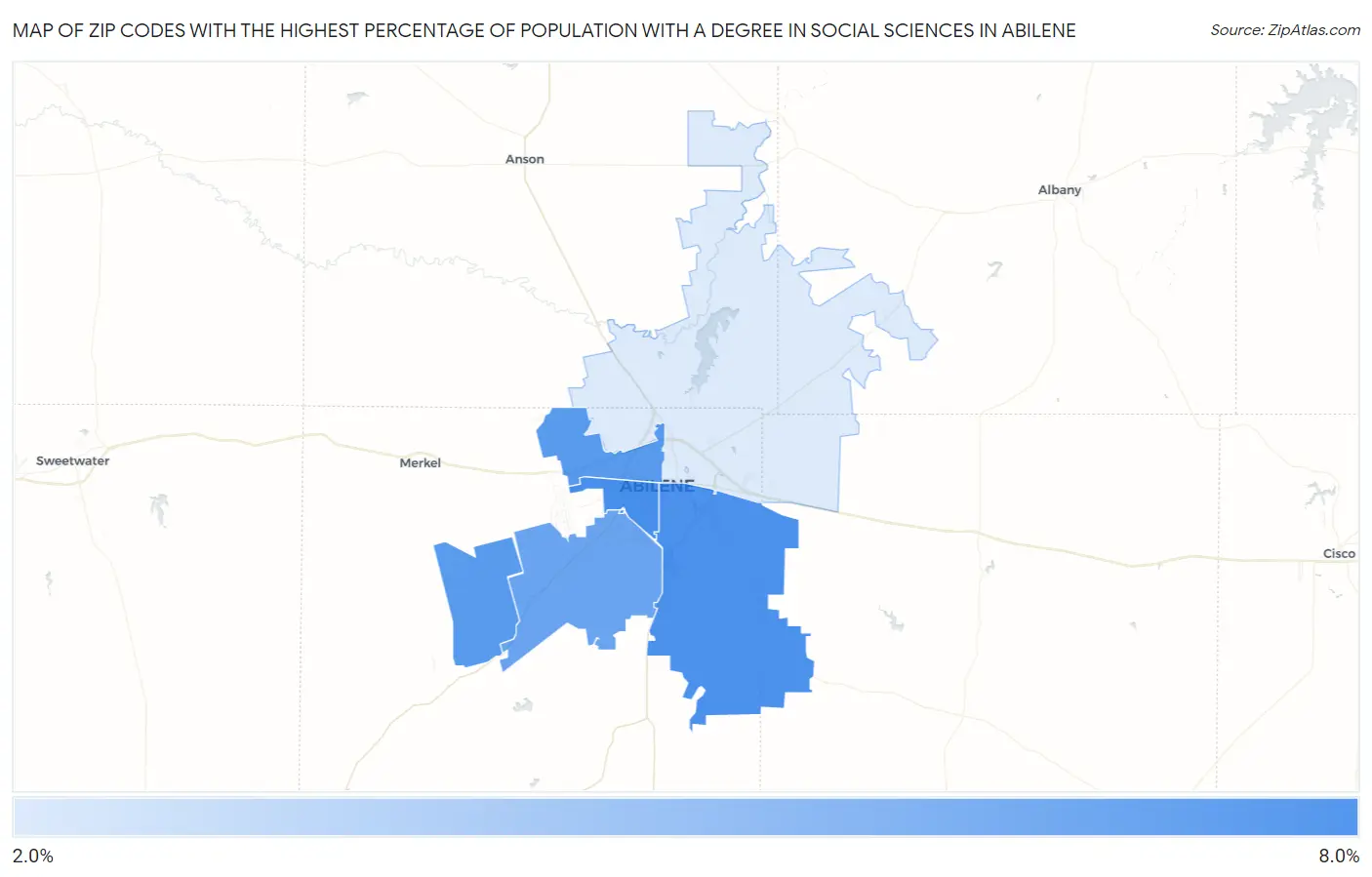 Zip Codes with the Highest Percentage of Population with a Degree in Social Sciences in Abilene Map