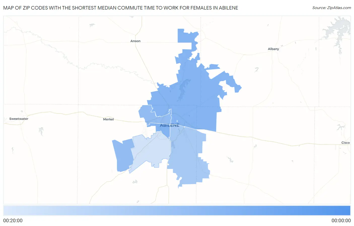Zip Codes with the Shortest Median Commute Time to Work for Females in Abilene Map