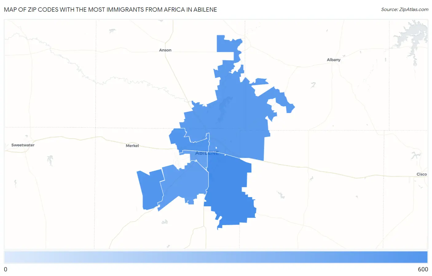 Zip Codes with the Most Immigrants from Africa in Abilene Map