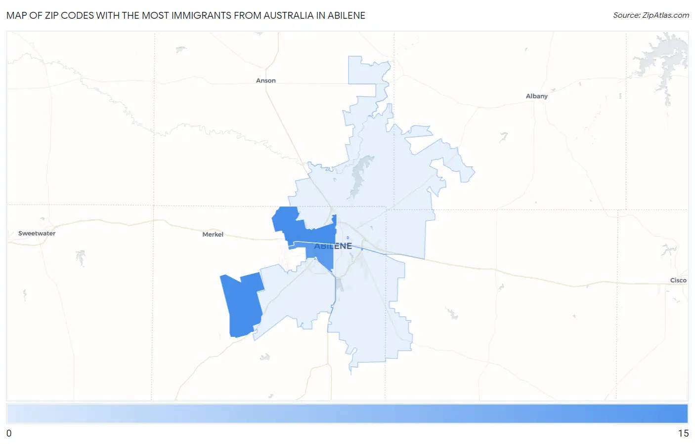 Zip Codes with the Most Immigrants from Australia in Abilene Map