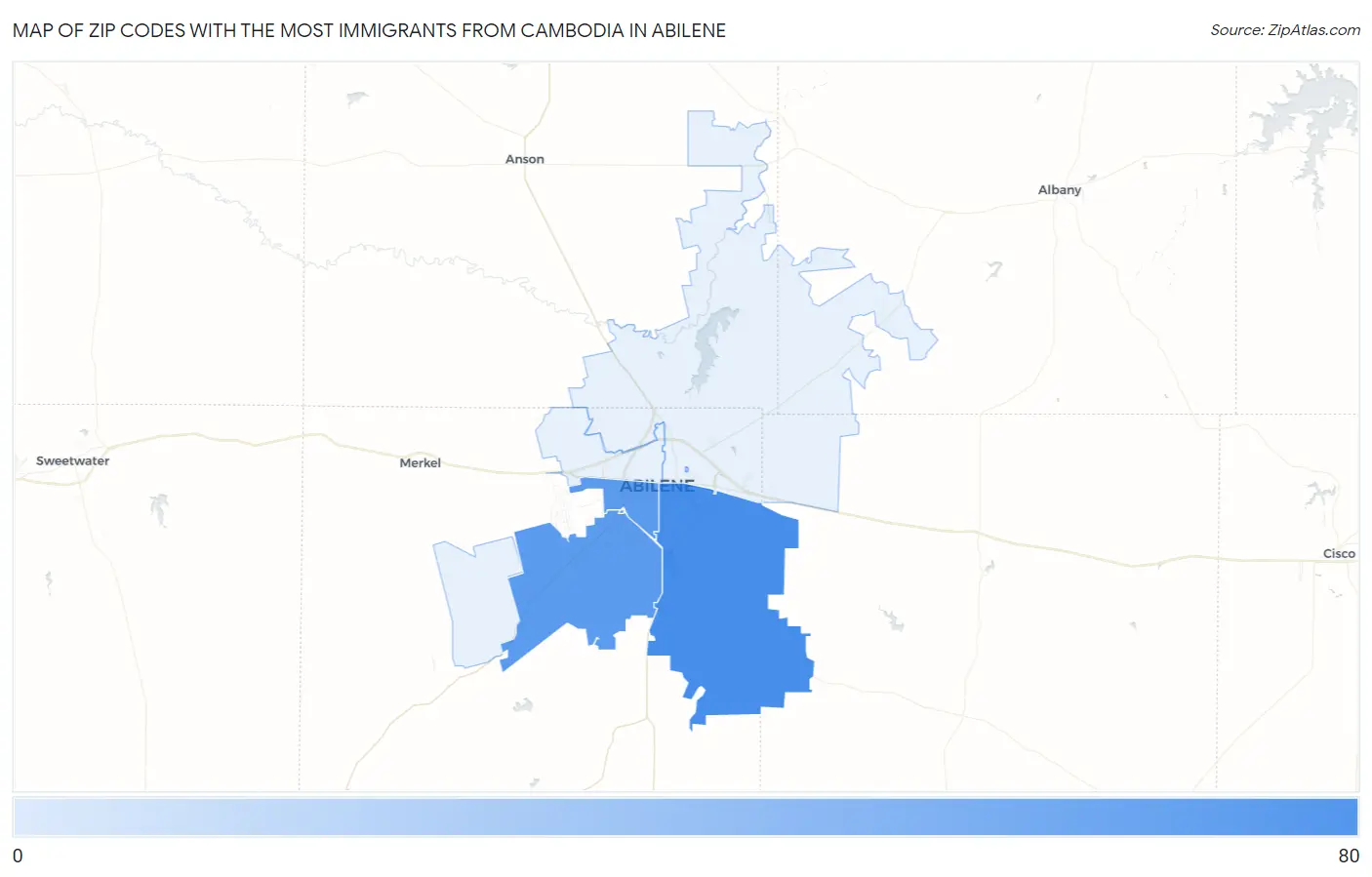 Zip Codes with the Most Immigrants from Cambodia in Abilene Map