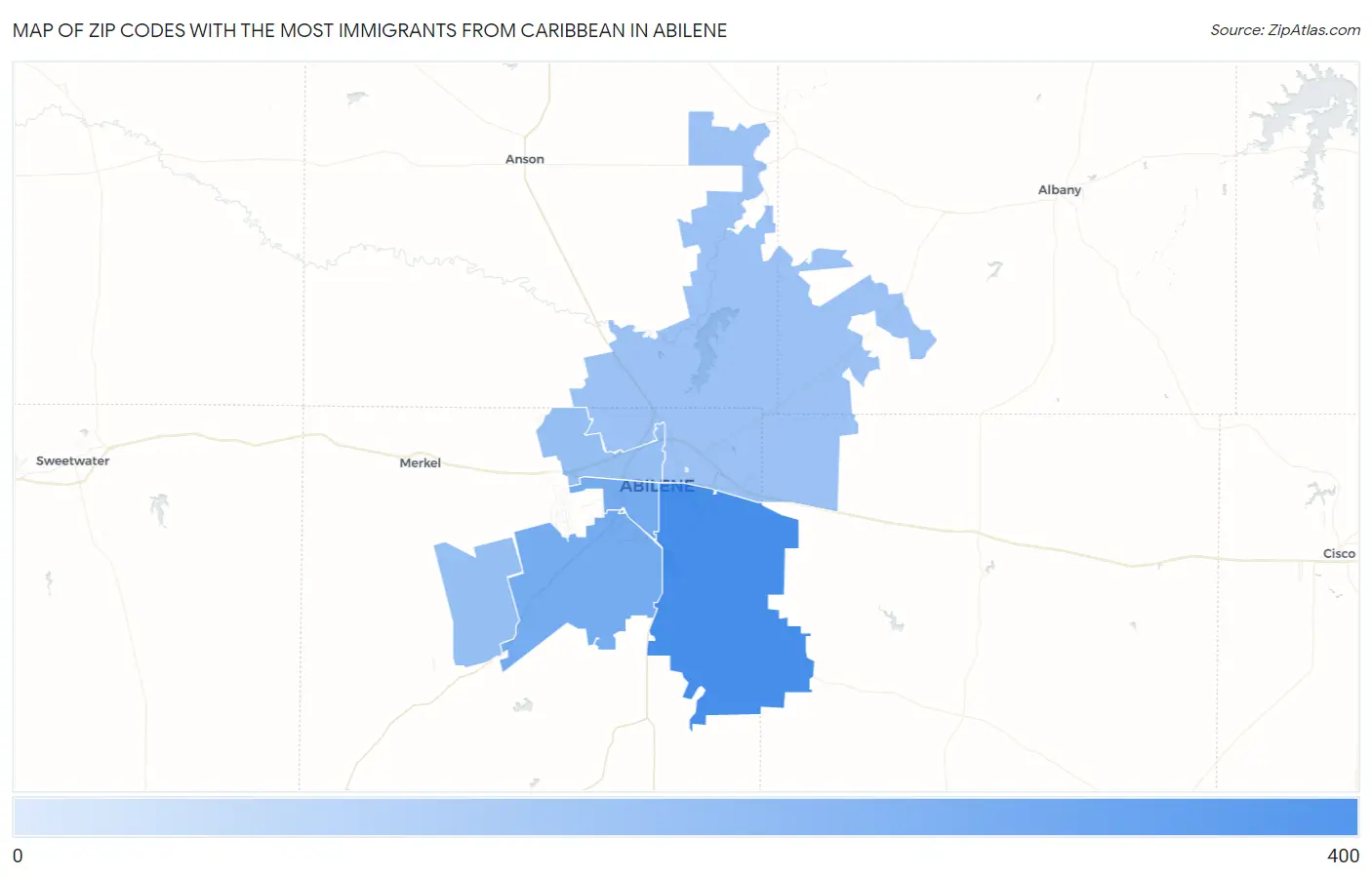 Zip Codes with the Most Immigrants from Caribbean in Abilene Map