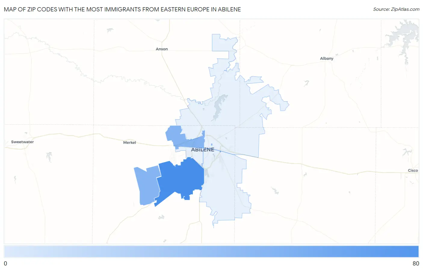 Zip Codes with the Most Immigrants from Eastern Europe in Abilene Map