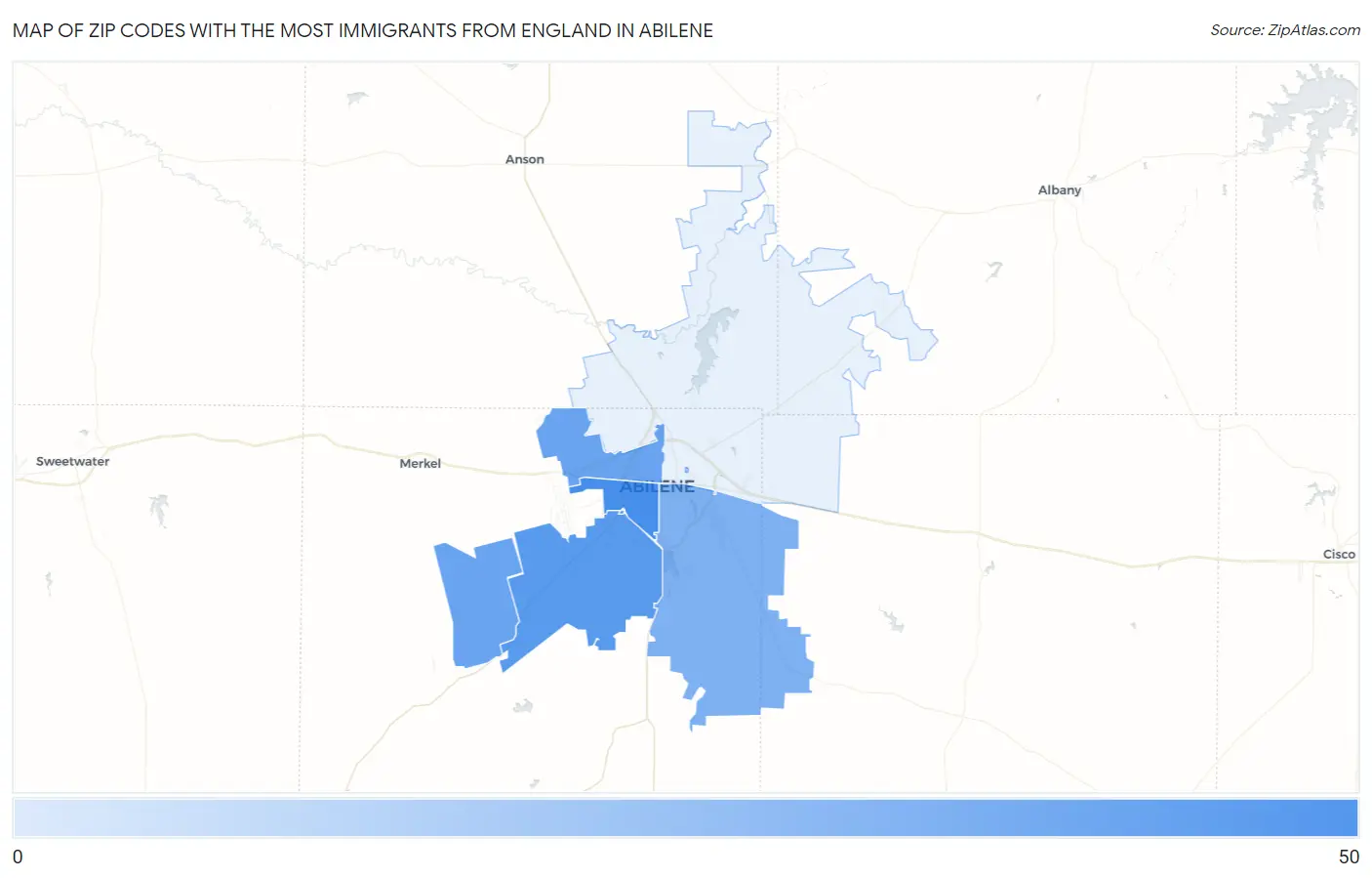 Zip Codes with the Most Immigrants from England in Abilene Map
