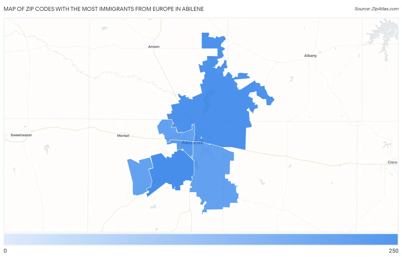 Zip Codes with the Most Immigrants from Europe in Abilene Map