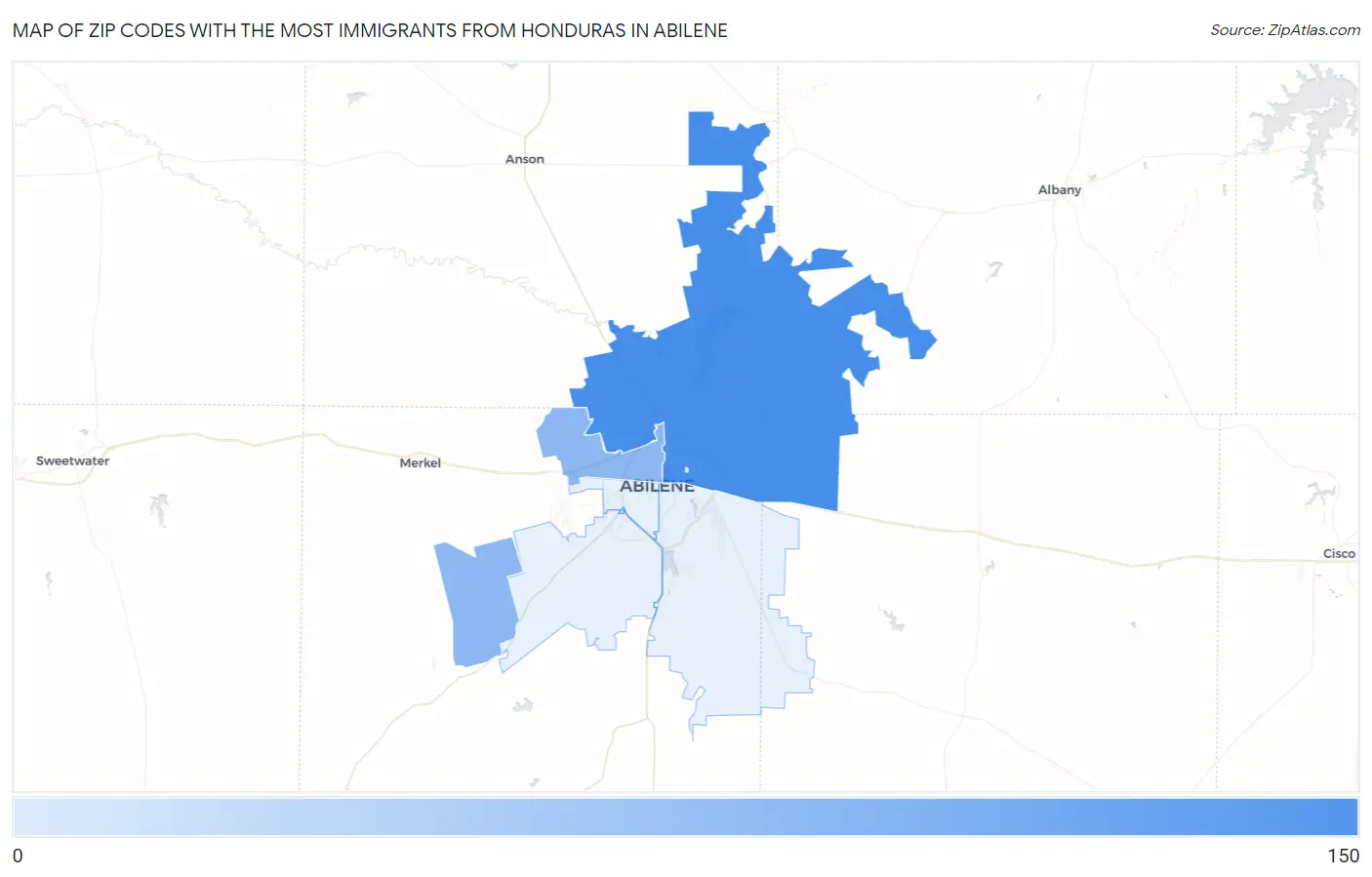 Zip Codes with the Most Immigrants from Honduras in Abilene Map