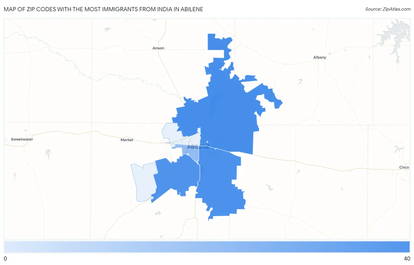 Zip Codes with the Most Immigrants from India in Abilene Map