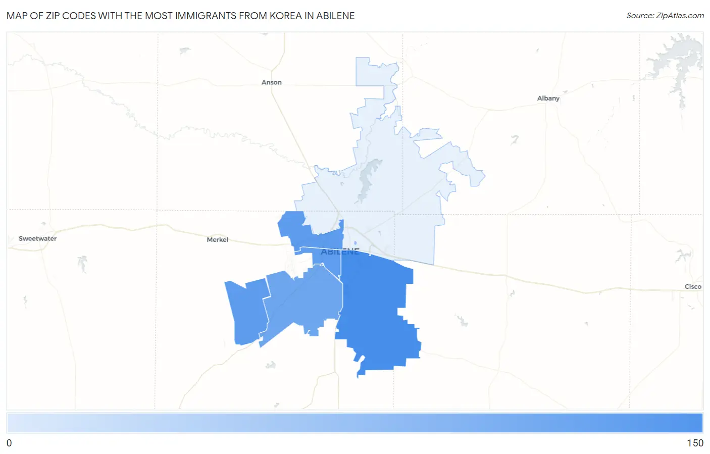 Zip Codes with the Most Immigrants from Korea in Abilene Map