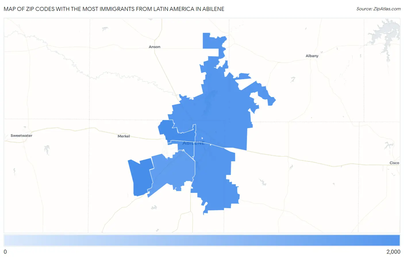 Zip Codes with the Most Immigrants from Latin America in Abilene Map