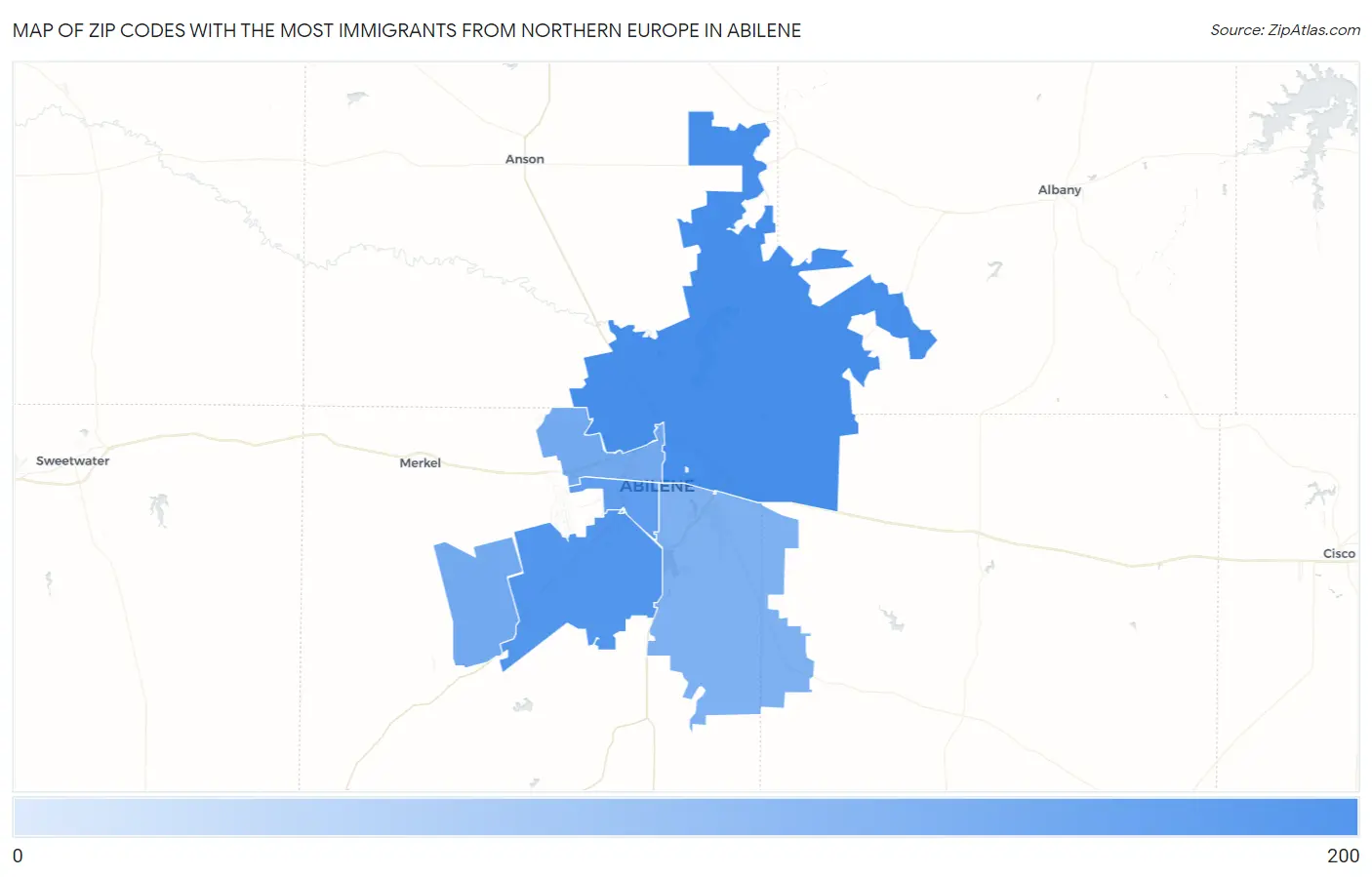 Zip Codes with the Most Immigrants from Northern Europe in Abilene Map