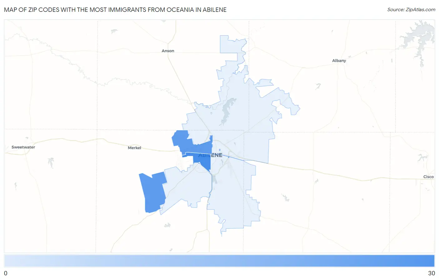Zip Codes with the Most Immigrants from Oceania in Abilene Map