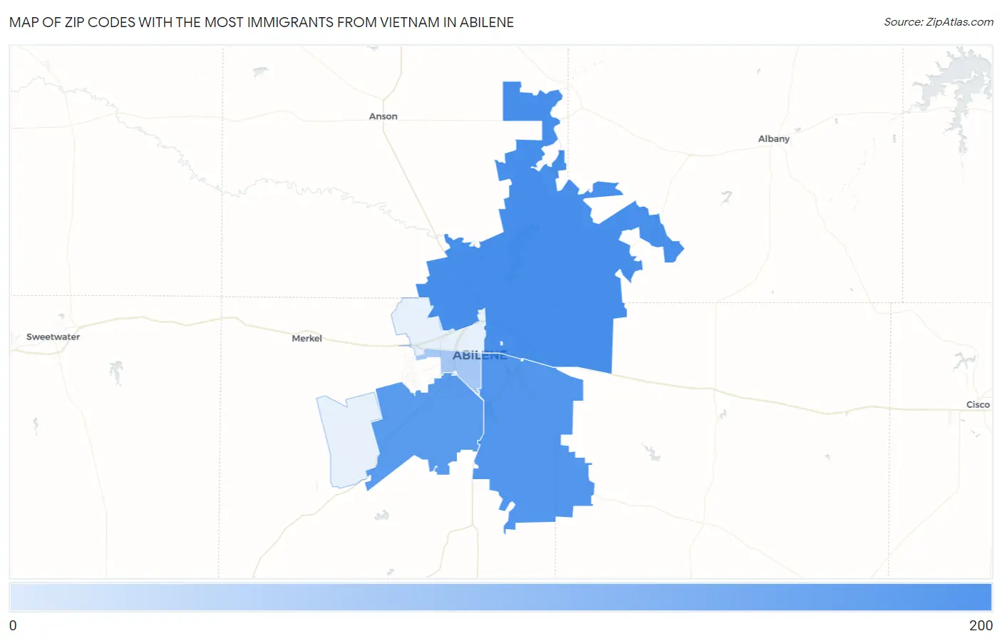 Zip Codes with the Most Immigrants from Vietnam in Abilene Map