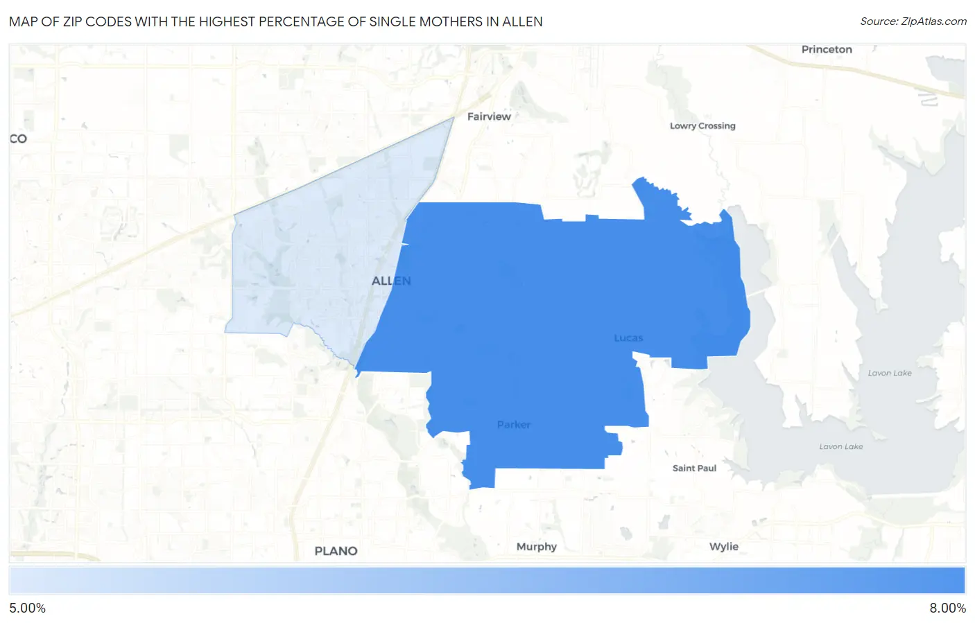 Zip Codes with the Highest Percentage of Single Mothers in Allen Map