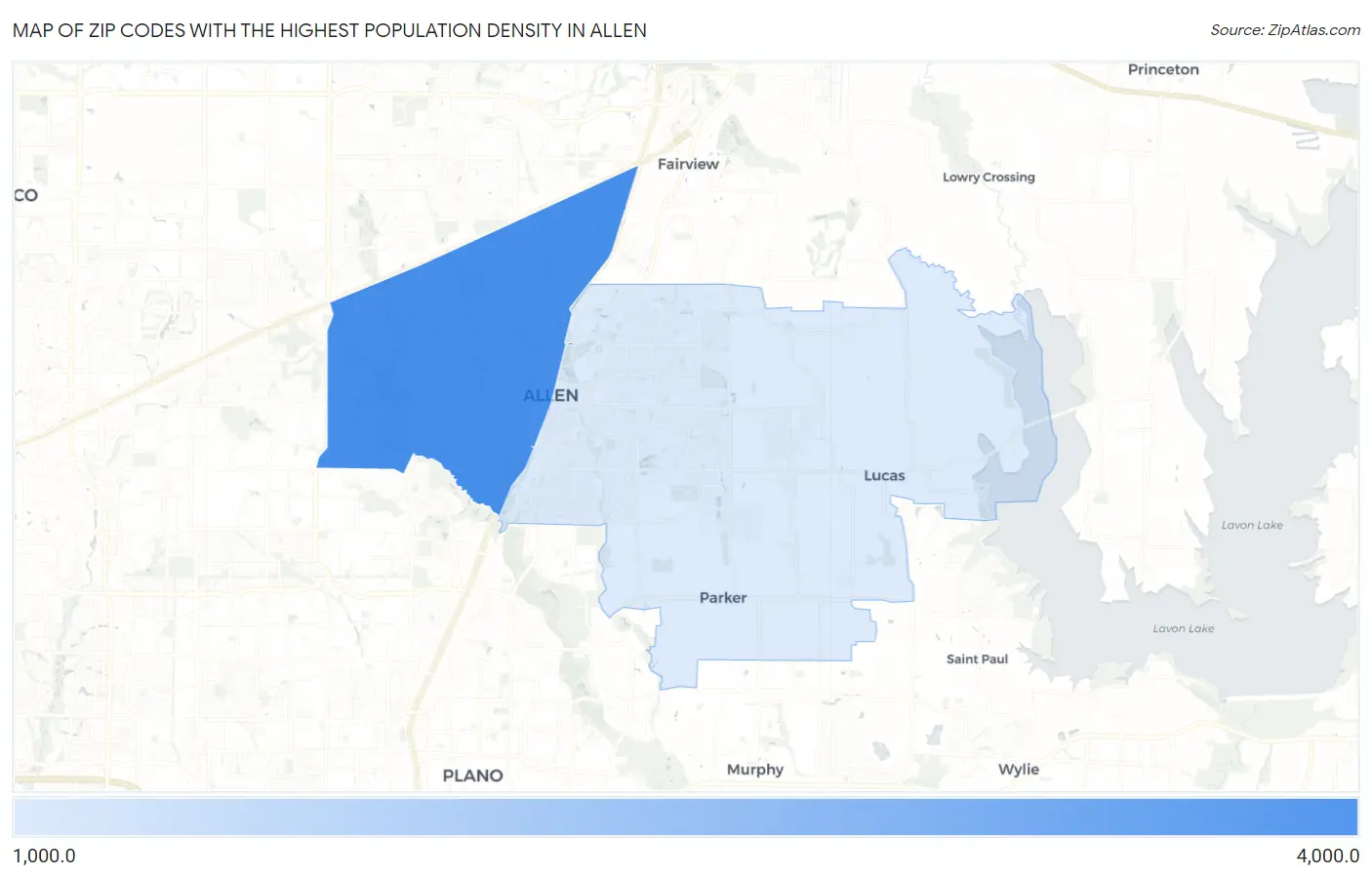 Zip Codes with the Highest Population Density in Allen Map