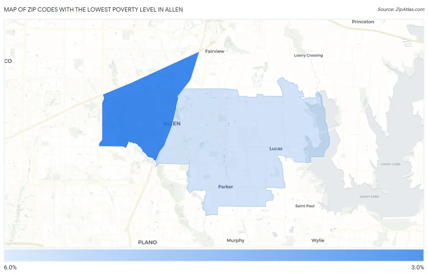 Zip Codes with the Lowest Poverty Level in Allen Map
