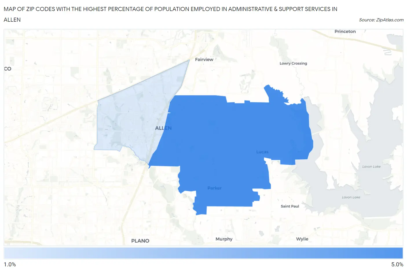 Zip Codes with the Highest Percentage of Population Employed in Administrative & Support Services in Allen Map
