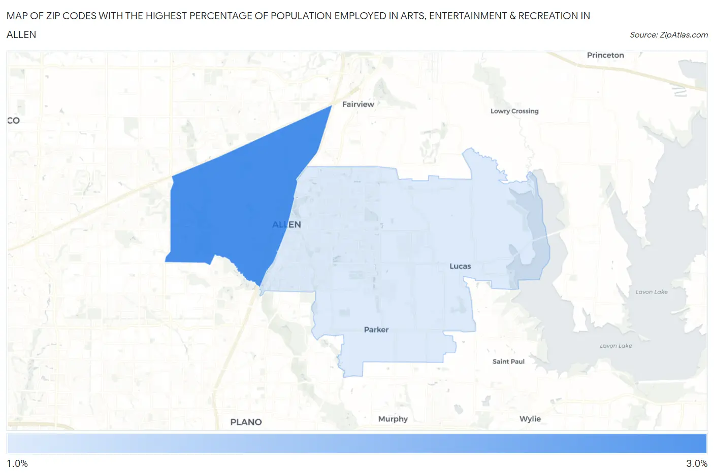 Zip Codes with the Highest Percentage of Population Employed in Arts, Entertainment & Recreation in Allen Map