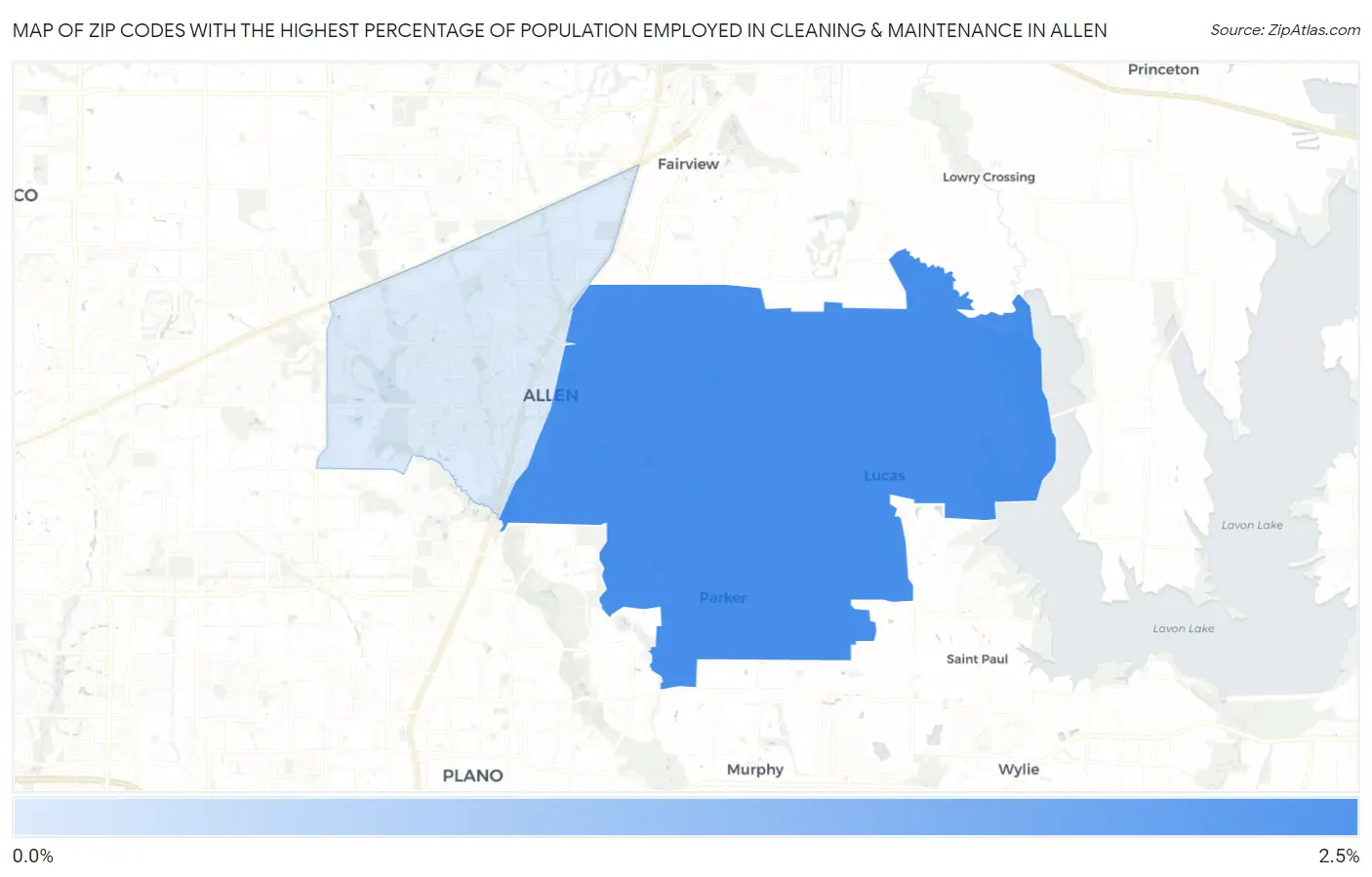 Zip Codes with the Highest Percentage of Population Employed in Cleaning & Maintenance in Allen Map