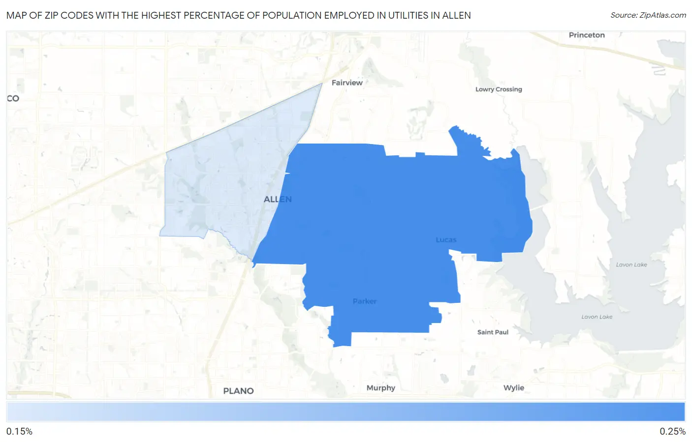 Zip Codes with the Highest Percentage of Population Employed in Utilities in Allen Map