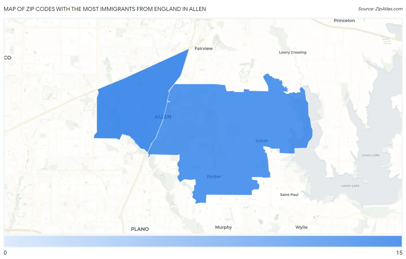 Zip Codes with the Most Immigrants from England in Allen Map