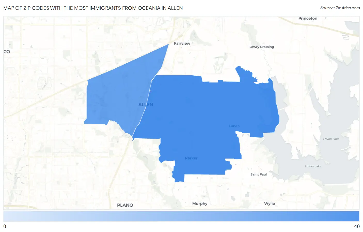 Zip Codes with the Most Immigrants from Oceania in Allen Map
