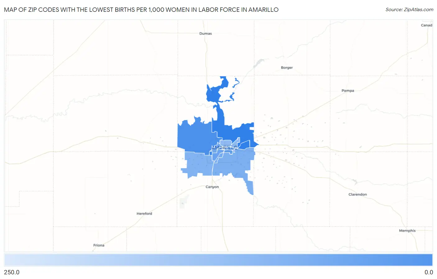 Zip Codes with the Lowest Births per 1,000 Women in Labor Force in Amarillo Map