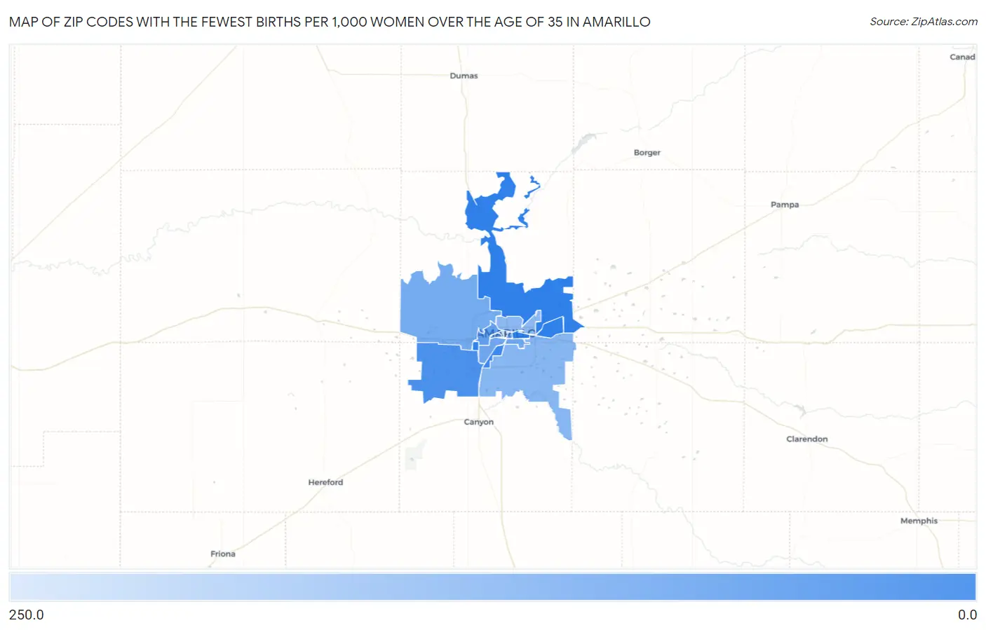 Zip Codes with the Fewest Births per 1,000 Women Over the Age of 35 in Amarillo Map
