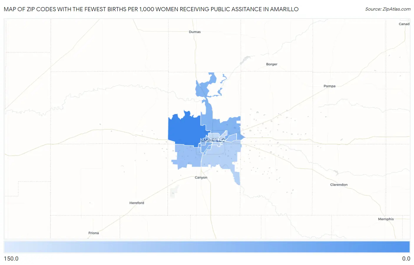 Zip Codes with the Fewest Births per 1,000 Women Receiving Public Assitance in Amarillo Map