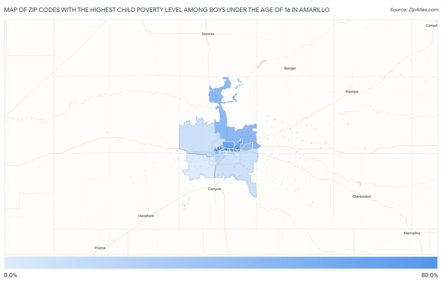 Zip Codes with the Highest Child Poverty Level Among Boys Under the Age of 16 in Amarillo Map