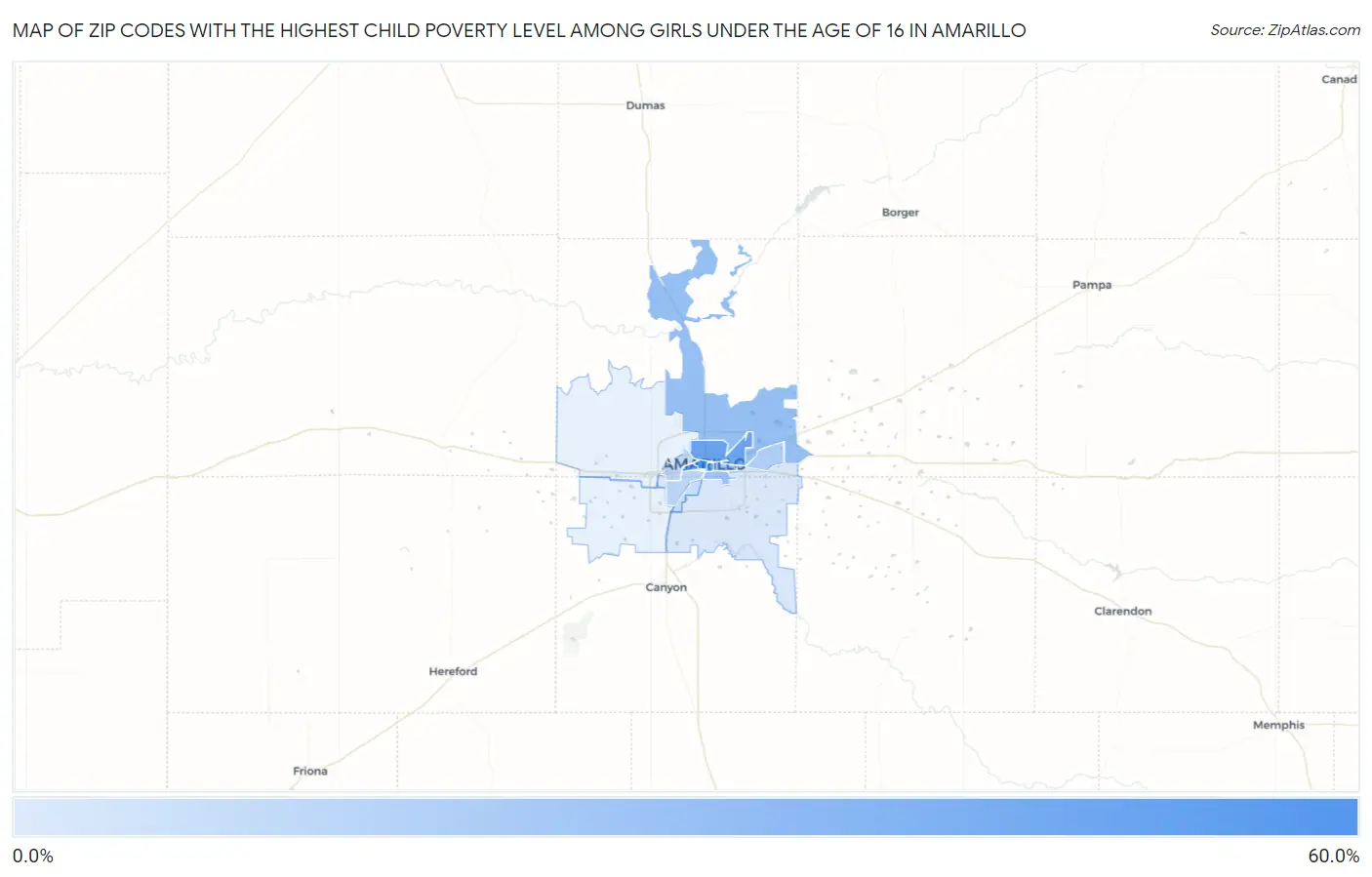 Zip Codes with the Highest Child Poverty Level Among Girls Under the Age of 16 in Amarillo Map