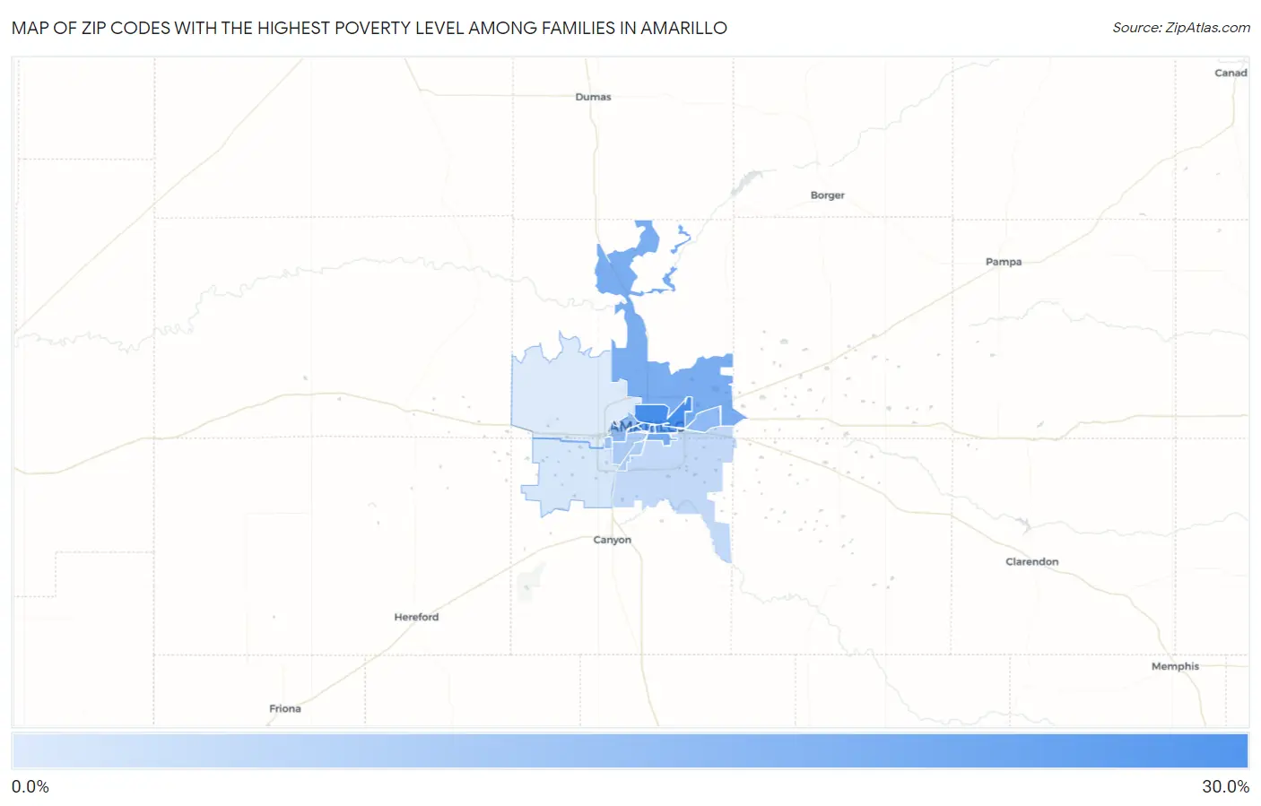 Zip Codes with the Highest Poverty Level Among Families in Amarillo Map