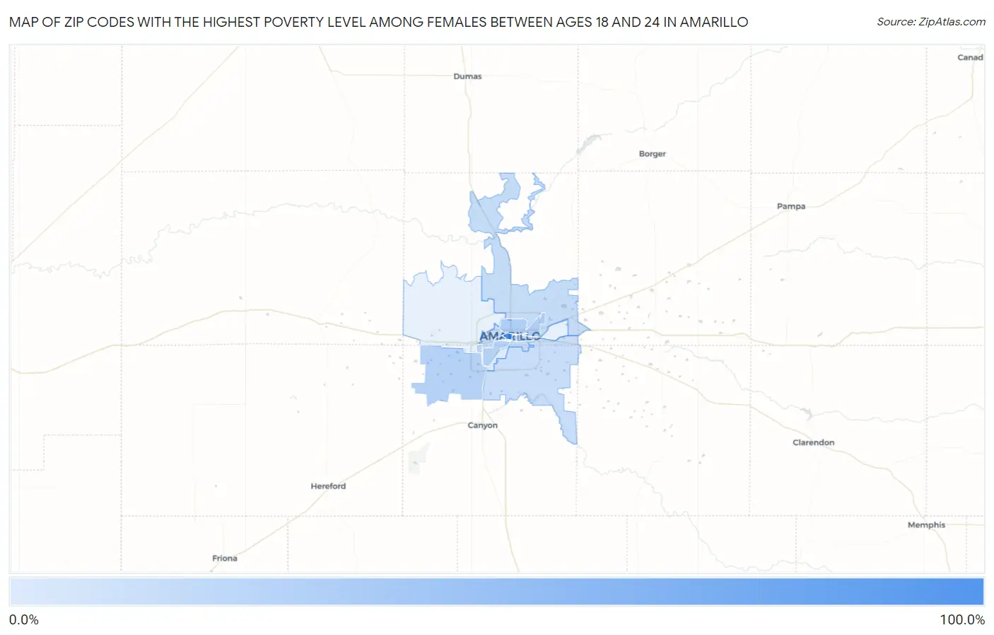 Zip Codes with the Highest Poverty Level Among Females Between Ages 18 and 24 in Amarillo Map