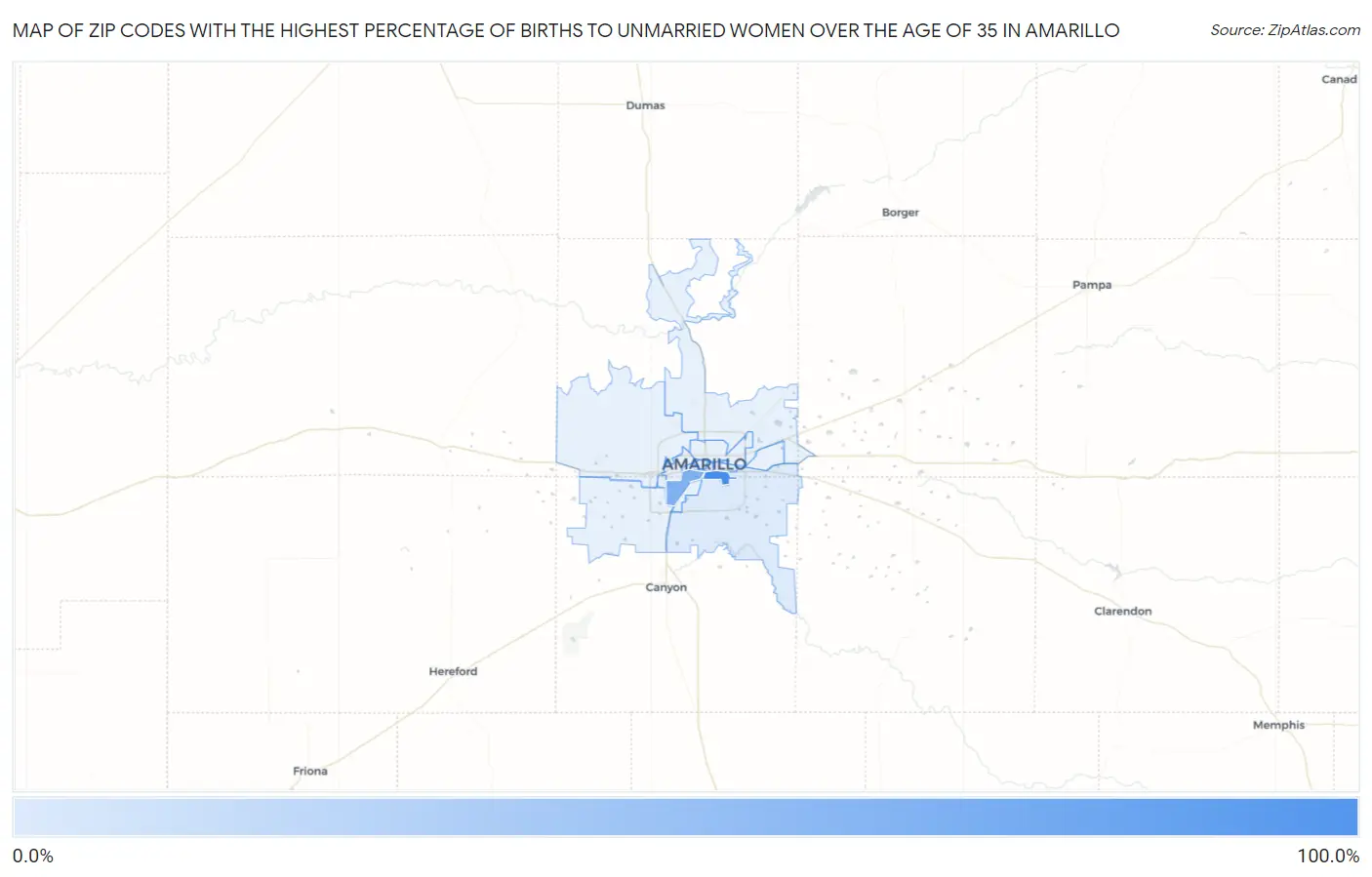 Zip Codes with the Highest Percentage of Births to Unmarried Women over the Age of 35 in Amarillo Map