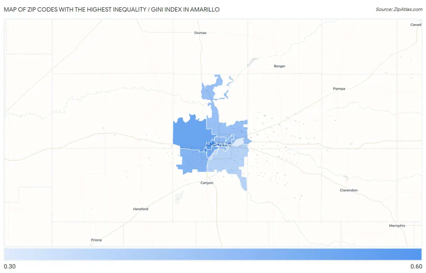 Zip Codes with the Highest Inequality / Gini Index in Amarillo Map