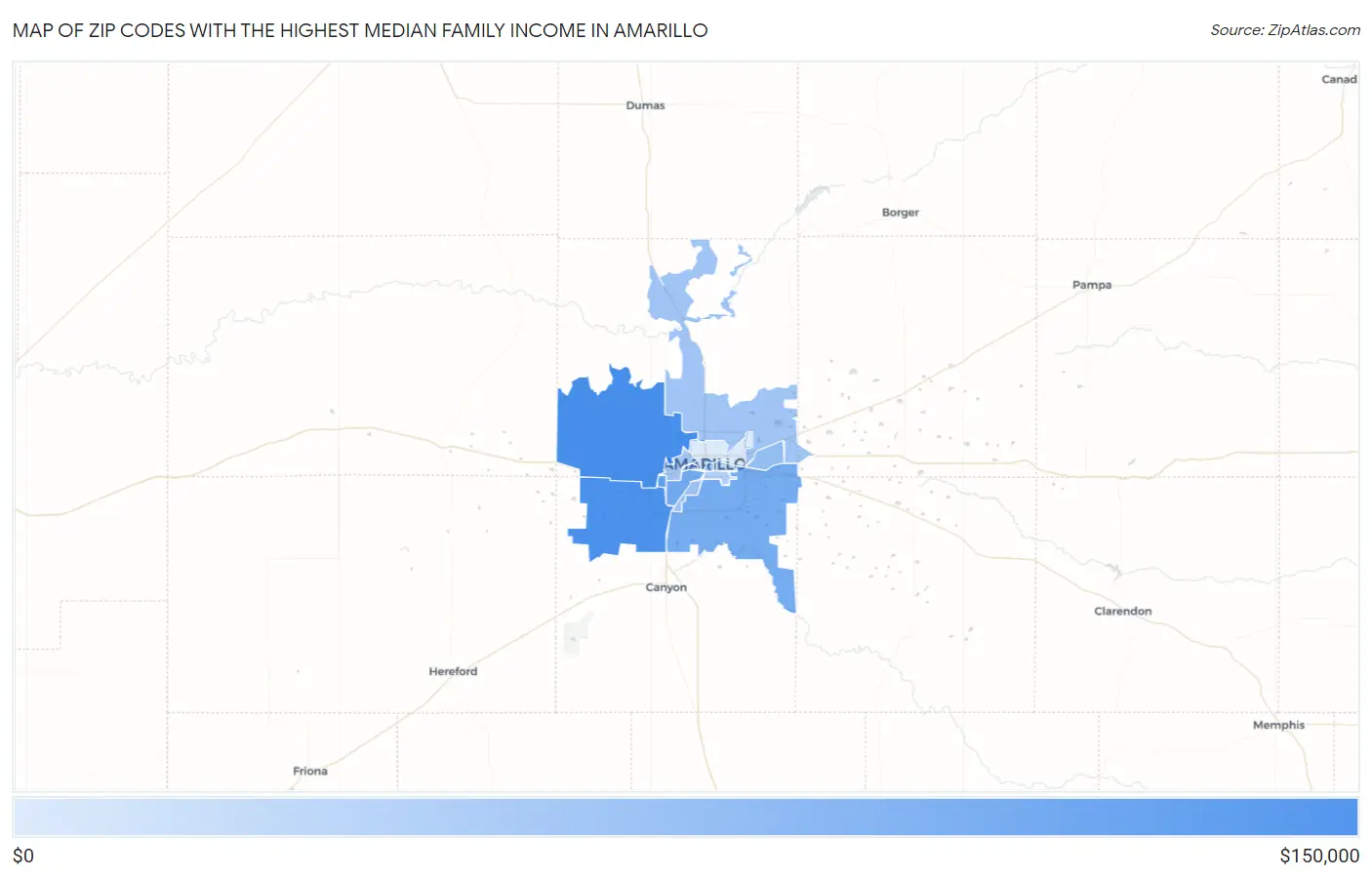 Zip Codes with the Highest Median Family Income in Amarillo Map