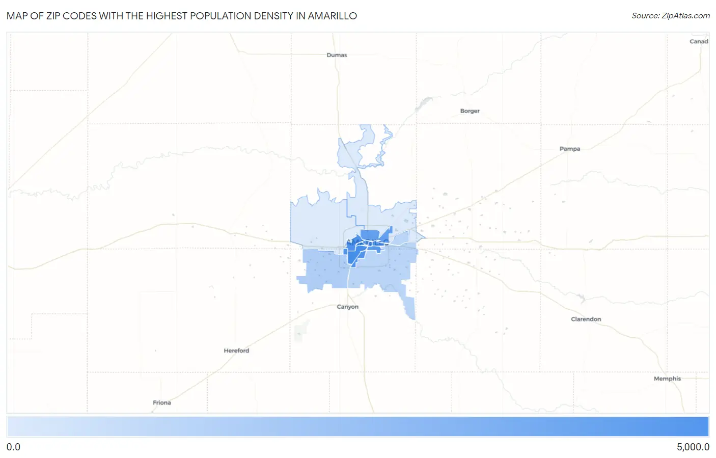 Zip Codes with the Highest Population Density in Amarillo Map