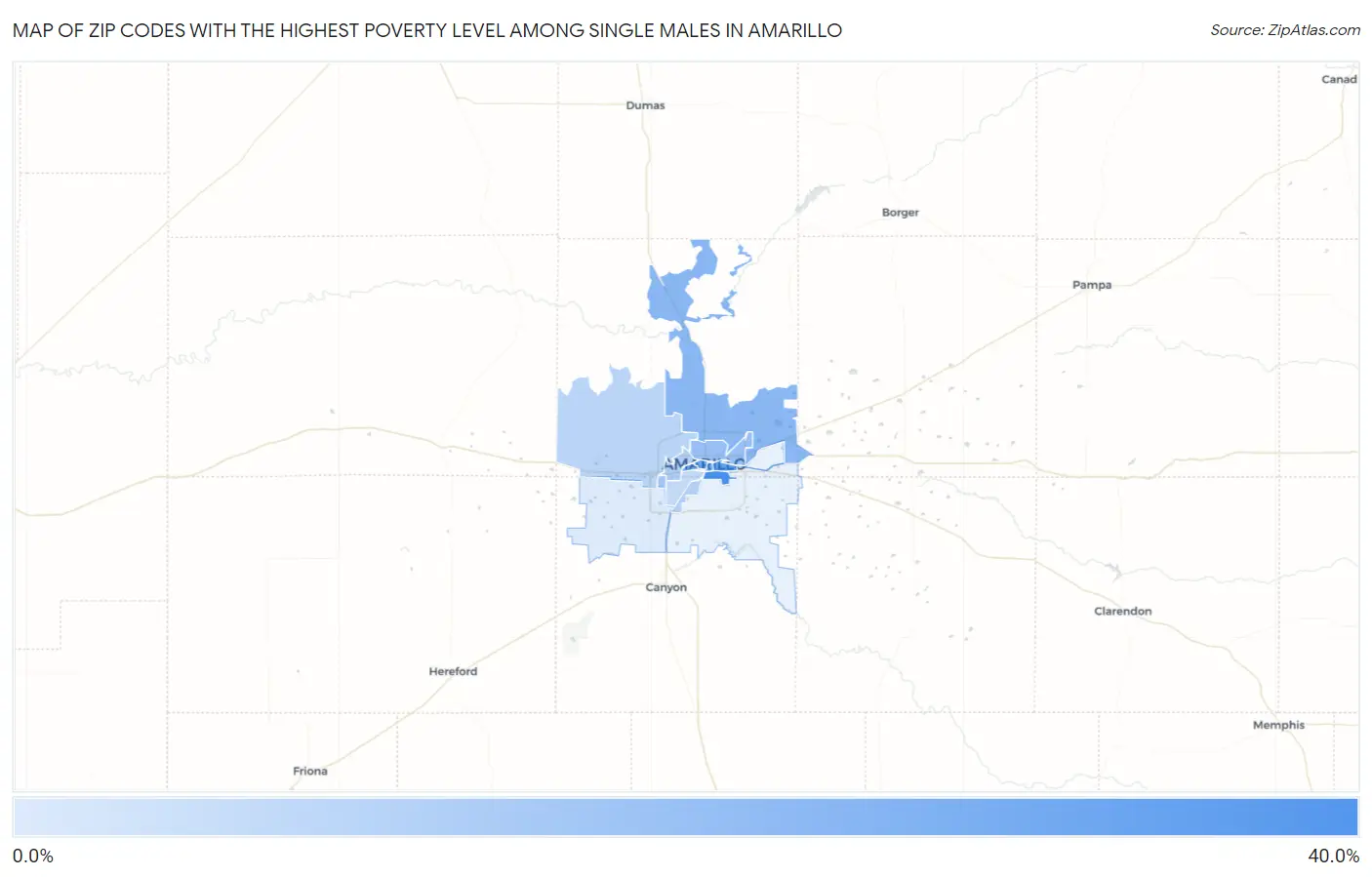 Zip Codes with the Highest Poverty Level Among Single Males in Amarillo Map