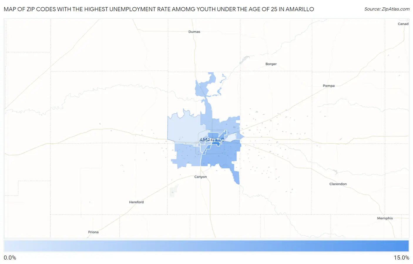 Zip Codes with the Highest Unemployment Rate Amomg Youth Under the Age of 25 in Amarillo Map