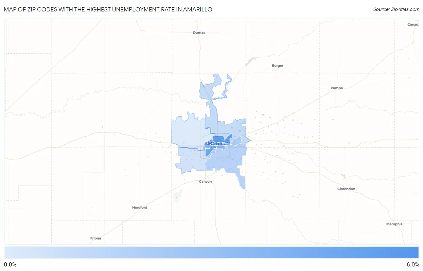 Zip Codes with the Highest Unemployment Rate in Amarillo Map