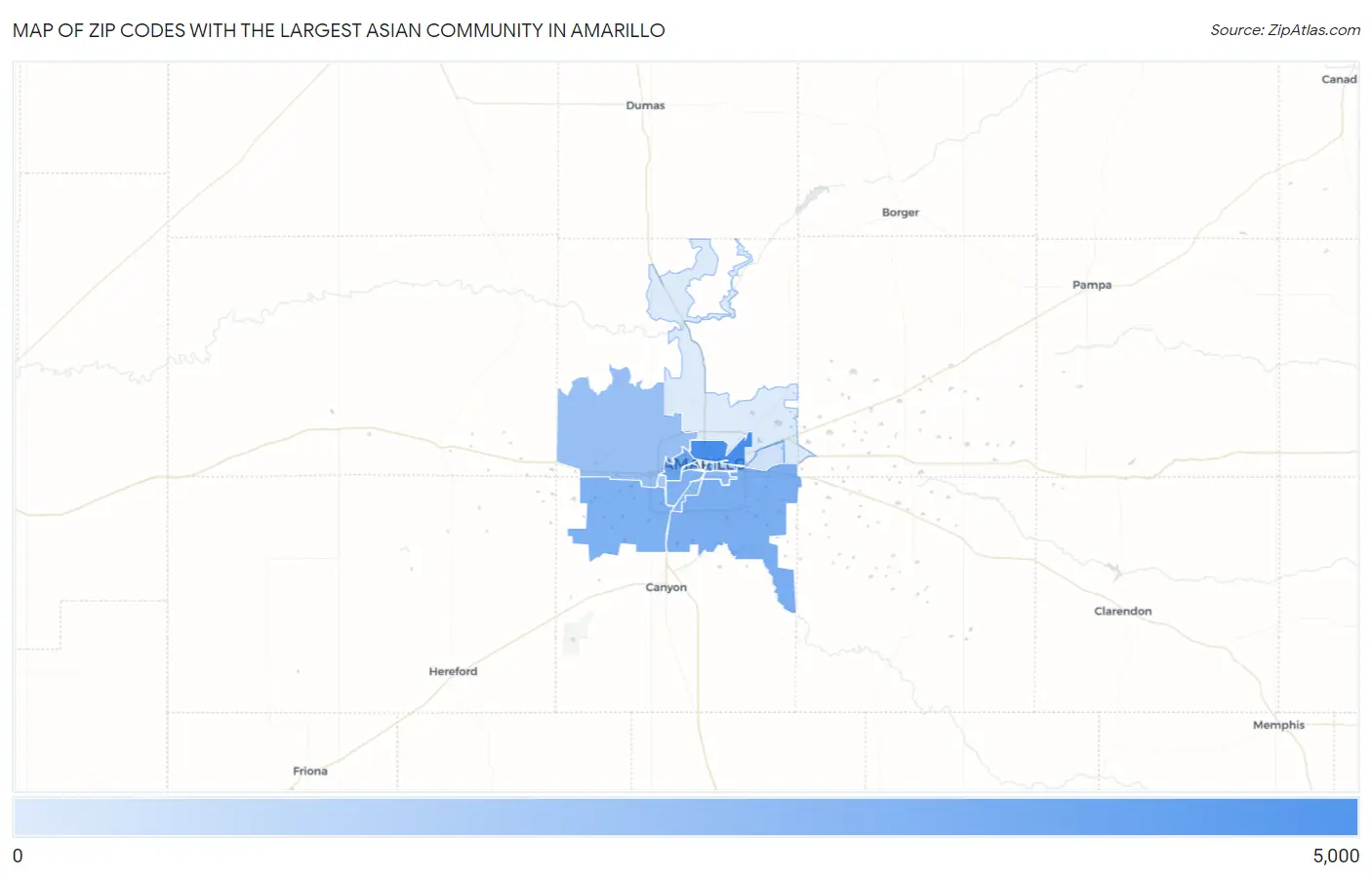 Zip Codes with the Largest Asian Community in Amarillo Map
