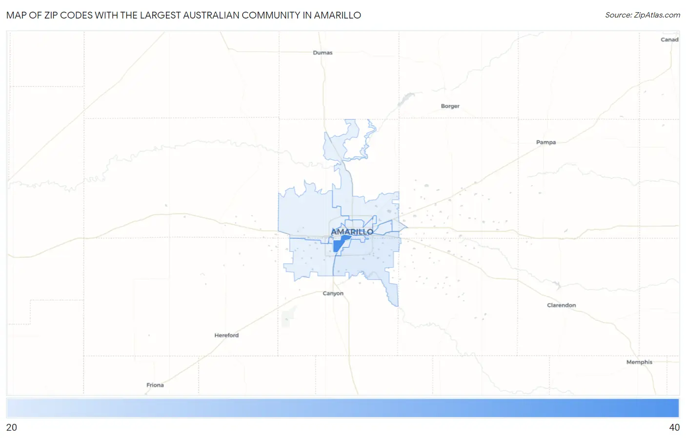 Zip Codes with the Largest Australian Community in Amarillo Map