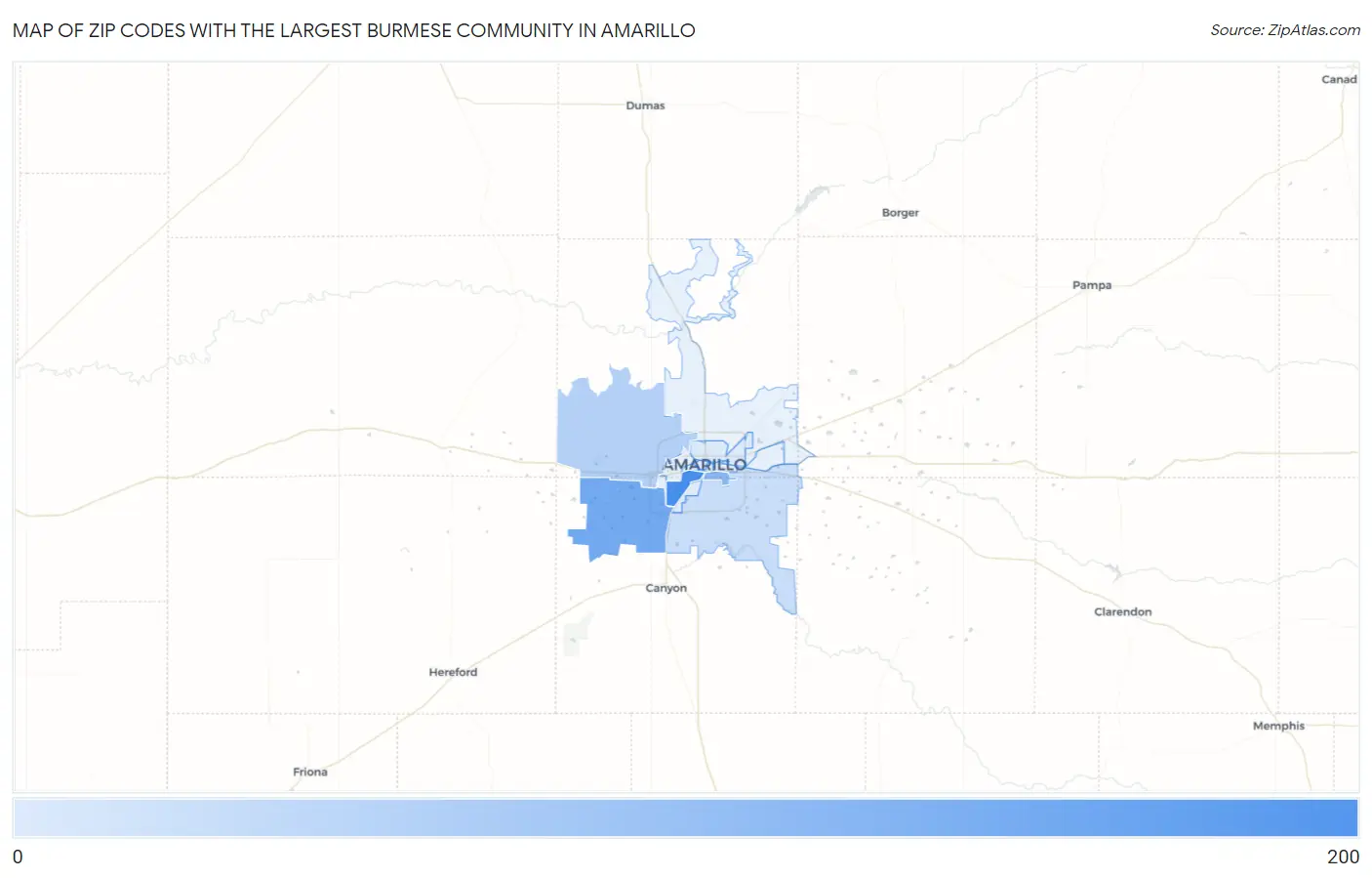 Zip Codes with the Largest Burmese Community in Amarillo Map
