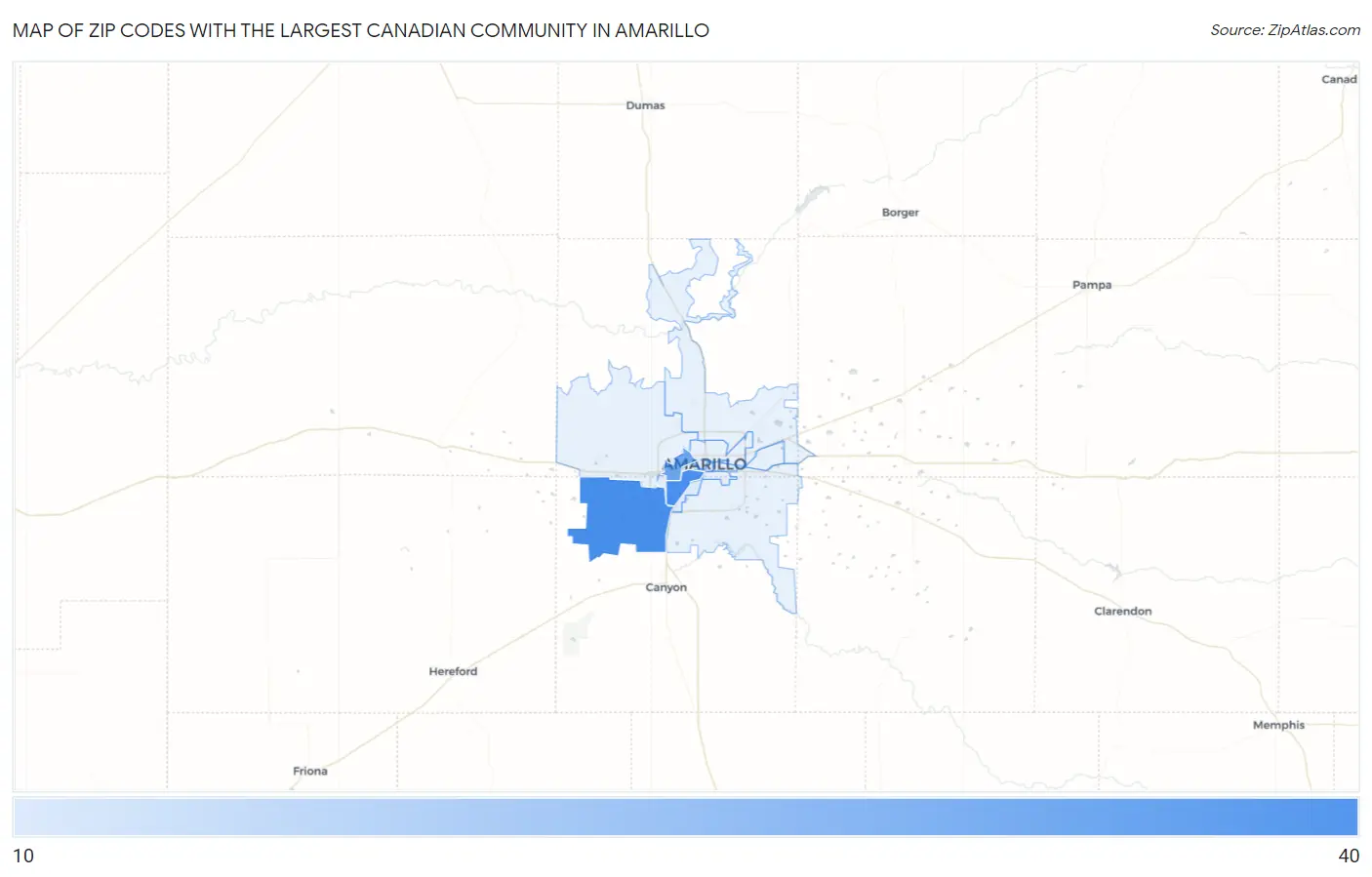 Zip Codes with the Largest Canadian Community in Amarillo Map
