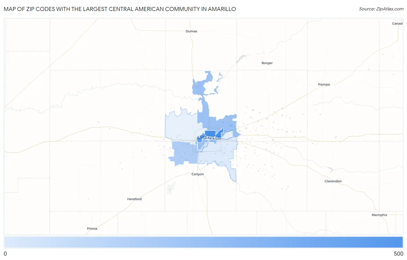 Zip Codes with the Largest Central American Community in Amarillo Map