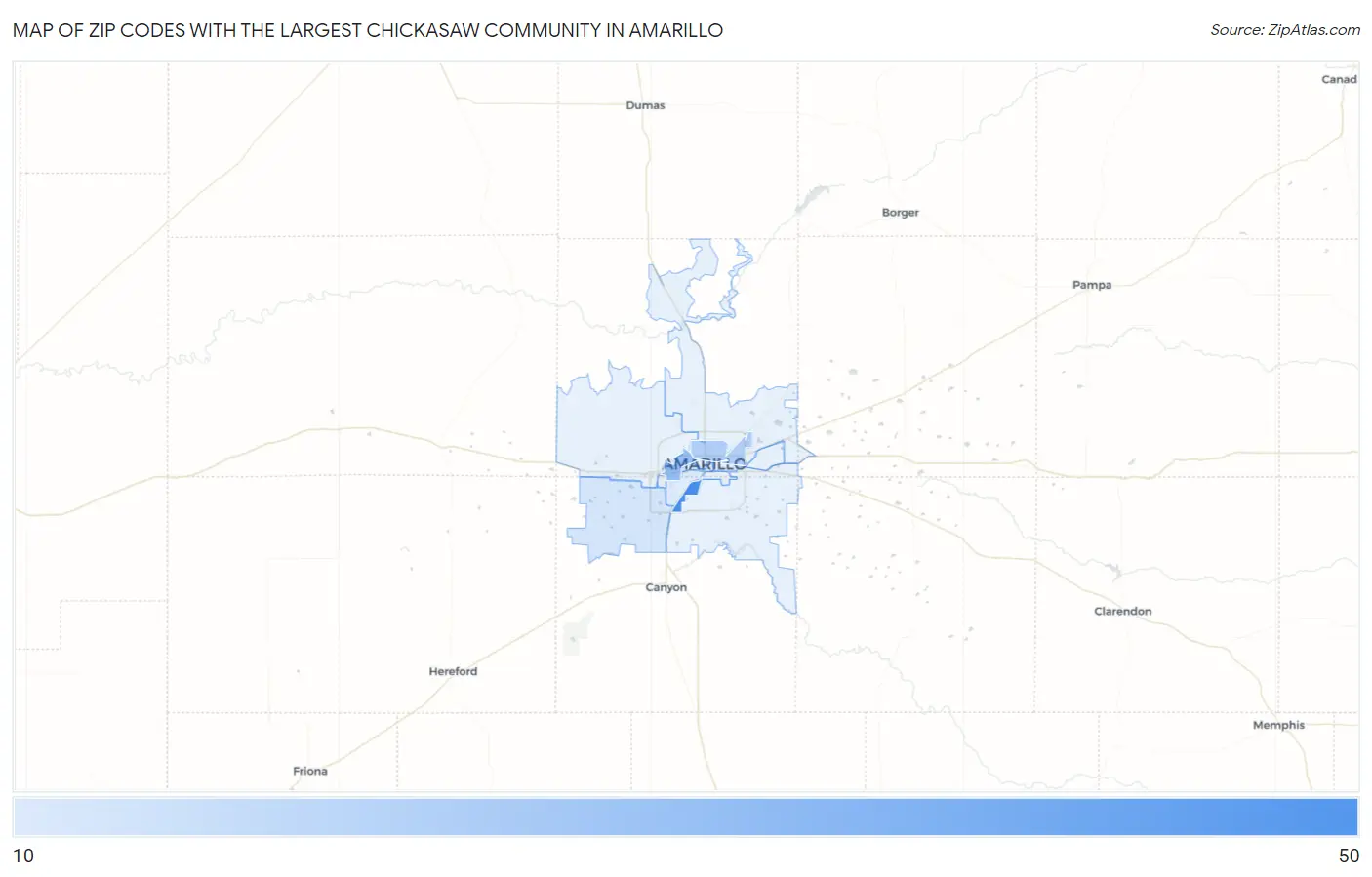 Zip Codes with the Largest Chickasaw Community in Amarillo Map