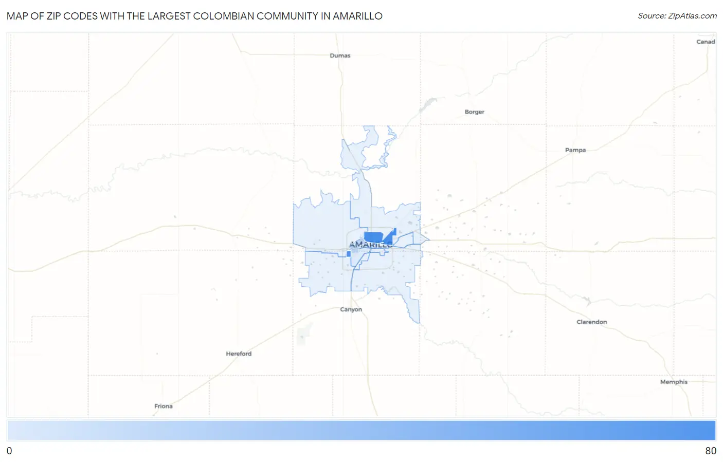 Zip Codes with the Largest Colombian Community in Amarillo Map
