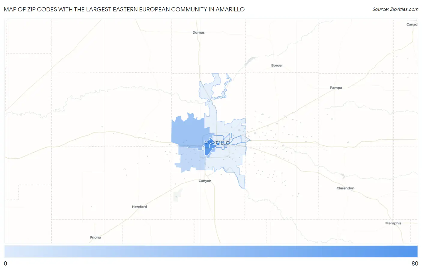 Zip Codes with the Largest Eastern European Community in Amarillo Map