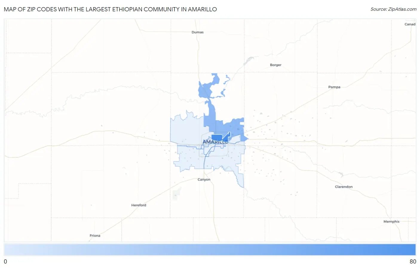 Zip Codes with the Largest Ethiopian Community in Amarillo Map