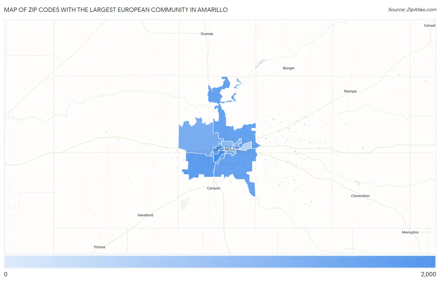 Zip Codes with the Largest European Community in Amarillo Map