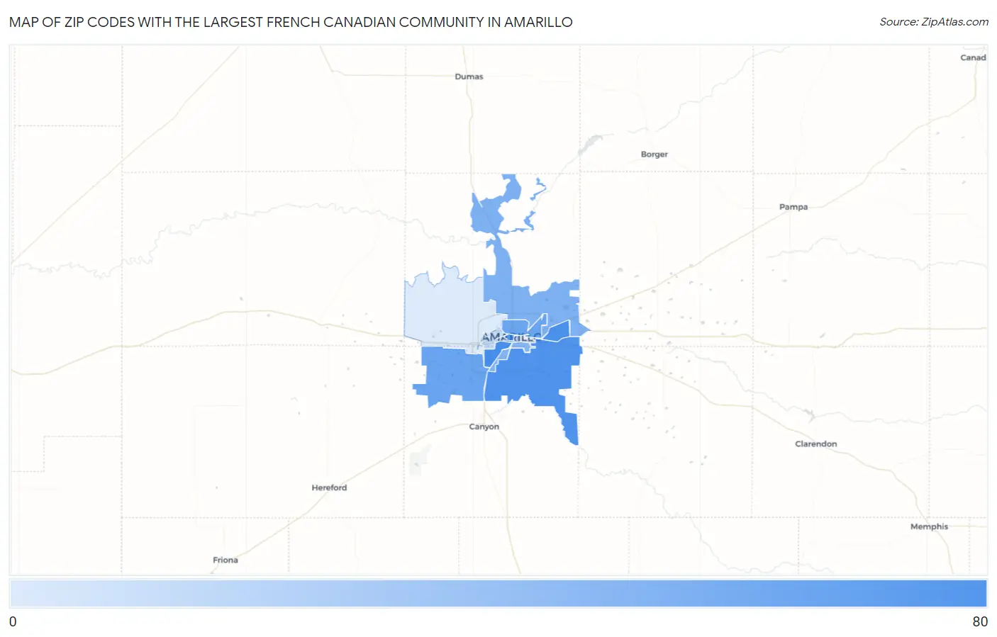 Zip Codes with the Largest French Canadian Community in Amarillo Map